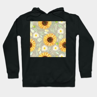 Sunflowers and Daisies | Watercolor | Art | Pattern | Grey Texture Hoodie